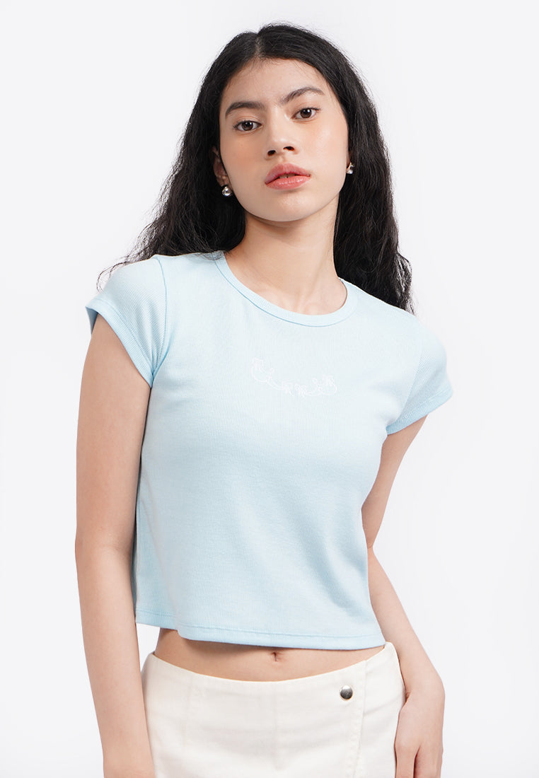 Embroidered Cap Sleeve Top L.Blue