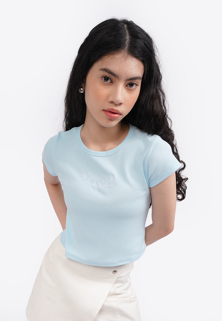 Embroidered Cap Sleeve Top L.Blue