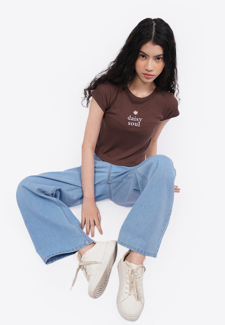 Embroidered Cap Sleeve Top Dark Brown