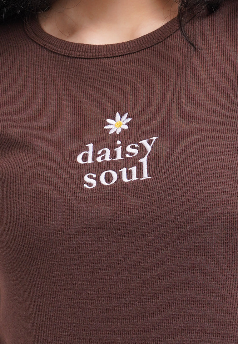 Embroidered Cap Sleeve Top Dark Brown