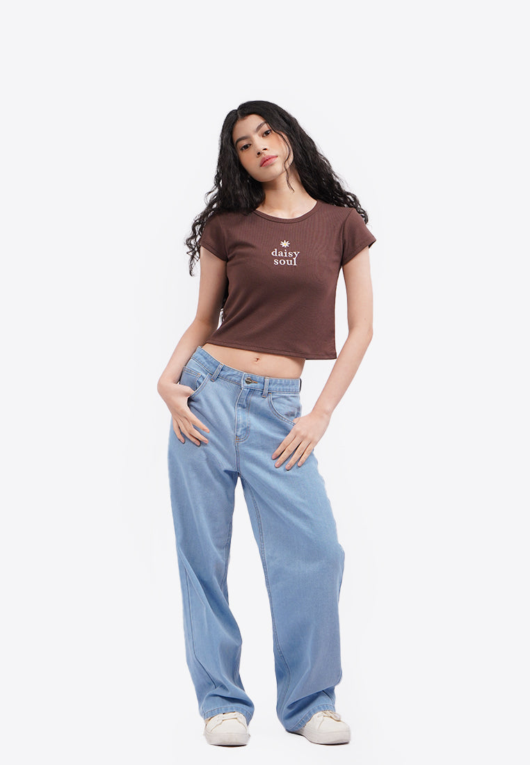 Embroidered Cap Sleeve Top Dark Brown
