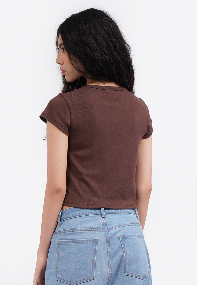 Embroidered Cap Sleeve Top Dark Brown