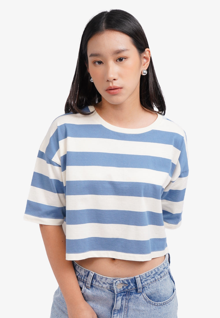 Short Sleeve Striped Boxy T-Shirt Blue