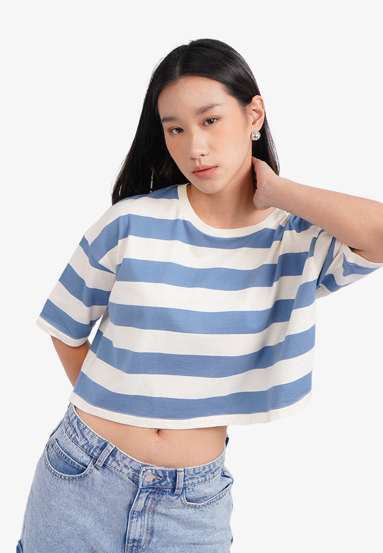Short Sleeve Striped Boxy T-Shirt Blue