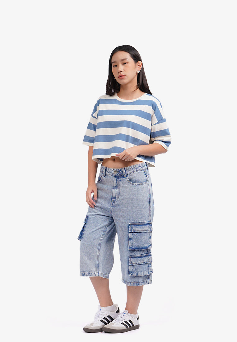 Short Sleeve Striped Boxy T-Shirt Blue