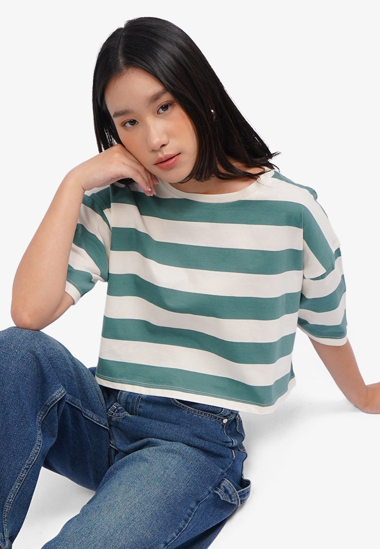 Short Sleeve Striped Boxy T-Shirt Dark Green