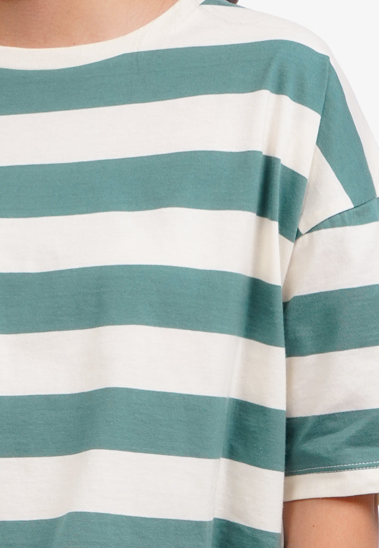 Short Sleeve Striped Boxy T-Shirt Dark Green