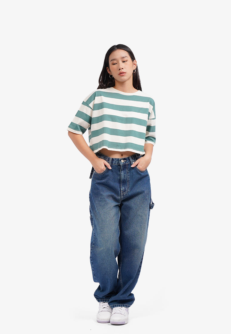 Short Sleeve Striped Boxy T-Shirt Dark Green