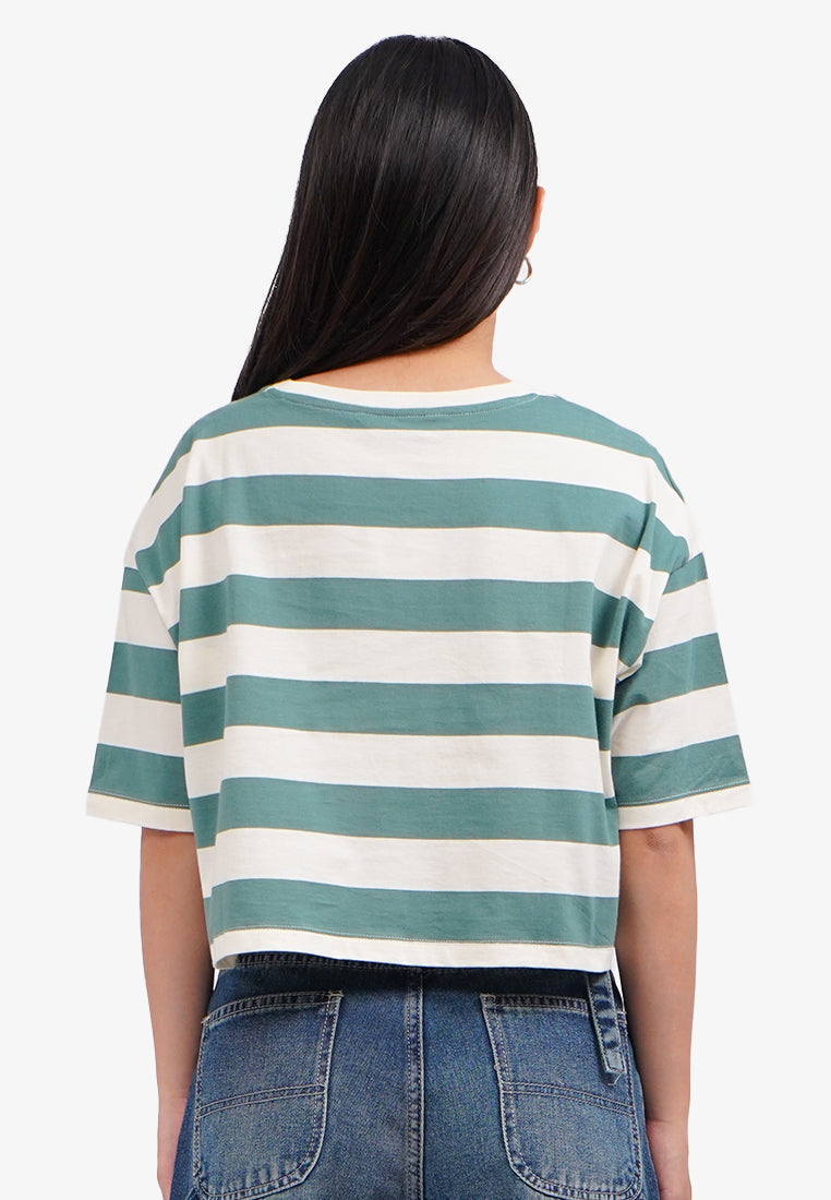 Short Sleeve Striped Boxy T-Shirt Dark Green