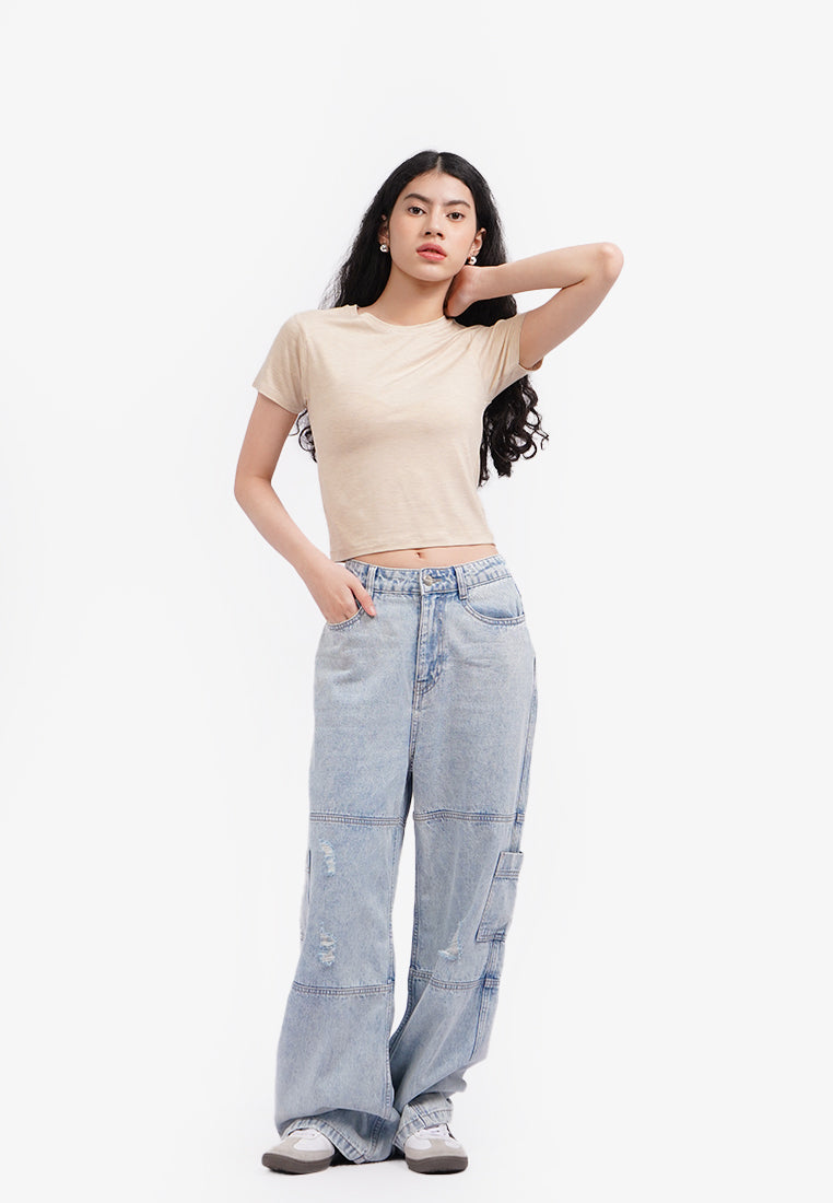 Short Sleeve Fitted Crop T-Shirt Oatmeal