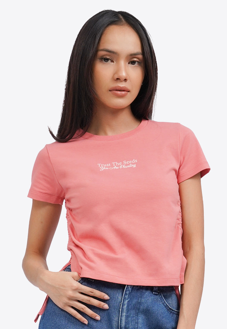 Side Drawstring Grahic T-Shirt Pink