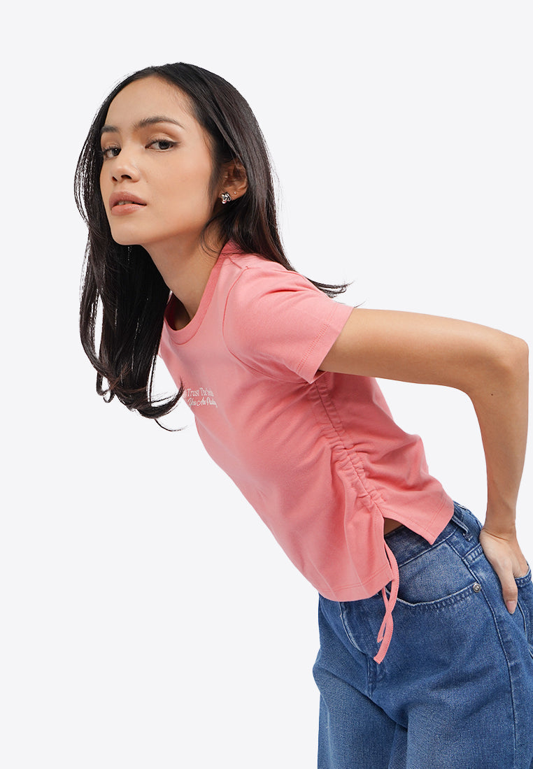 Side Drawstring Grahic T-Shirt Pink