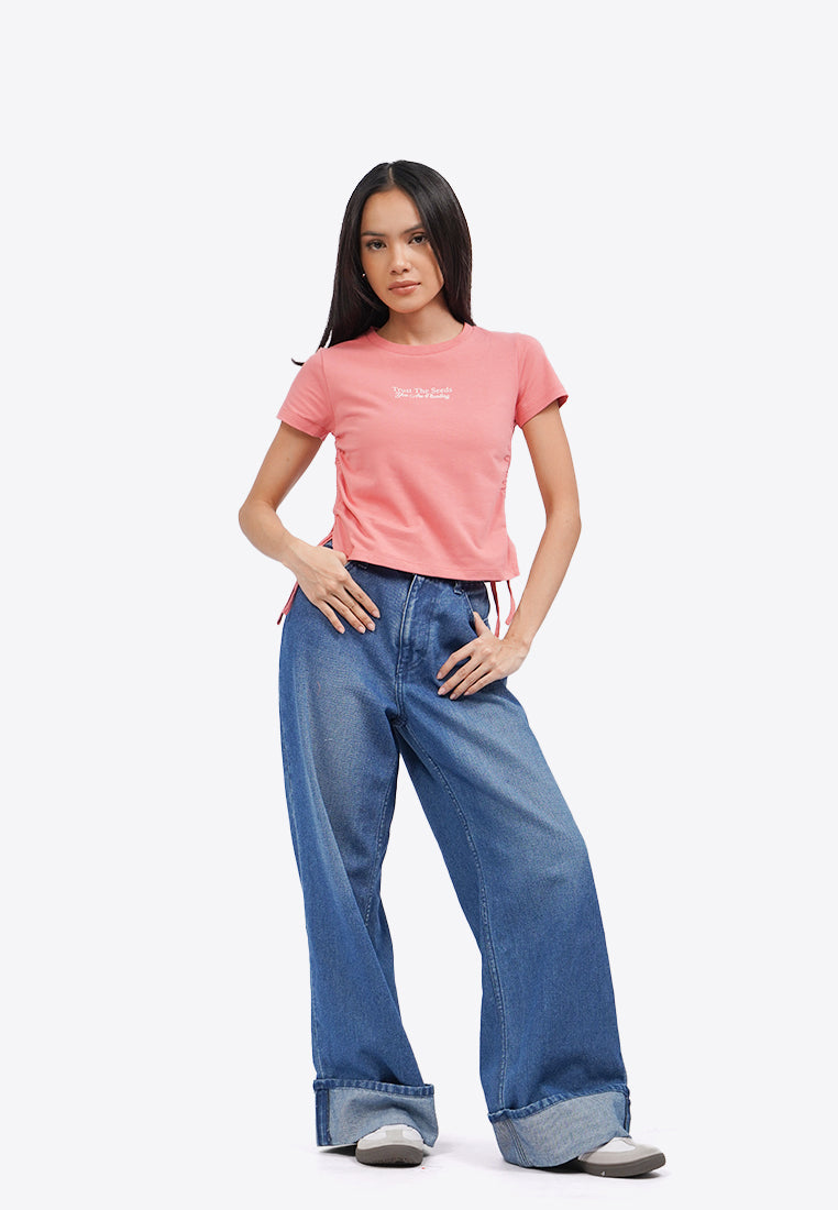 Side Drawstring Grahic T-Shirt Pink