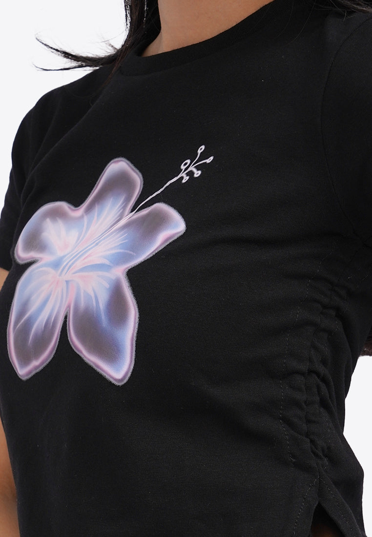 Side Drawstring Grahic T-Shirt Black