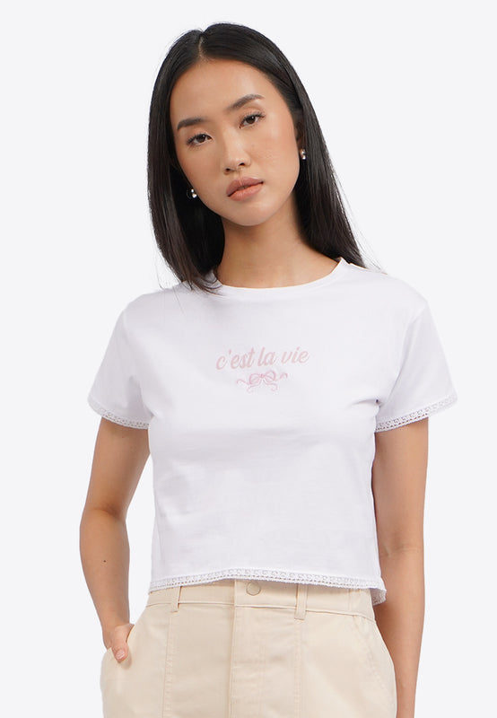 Lace Trim Short Sleeve Graphic T-Shirt