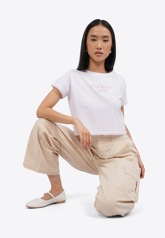 Lace Trim Short Sleeve Graphic T-Shirt