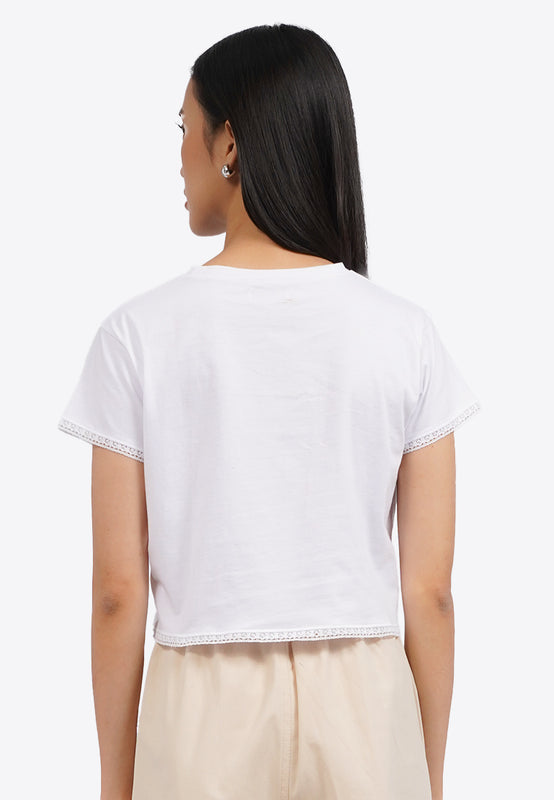 Lace Trim Short Sleeve Graphic T-Shirt