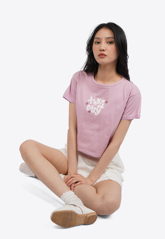 Lace Trim Short Sleeve Graphic T-Shirt