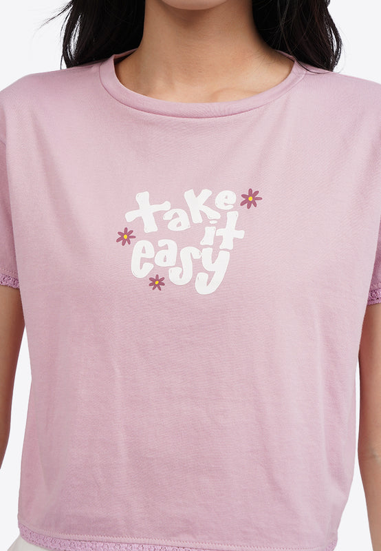 Lace Trim Short Sleeve Graphic T-Shirt