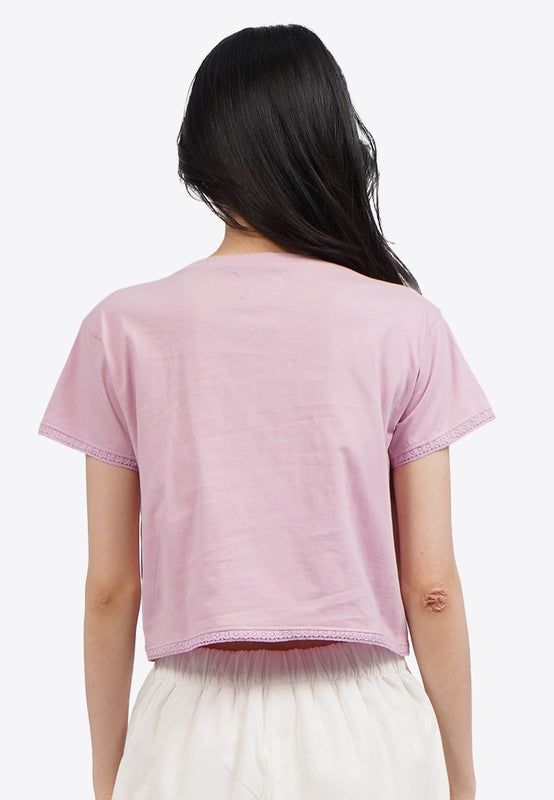 Lace Trim Short Sleeve Graphic T-Shirt