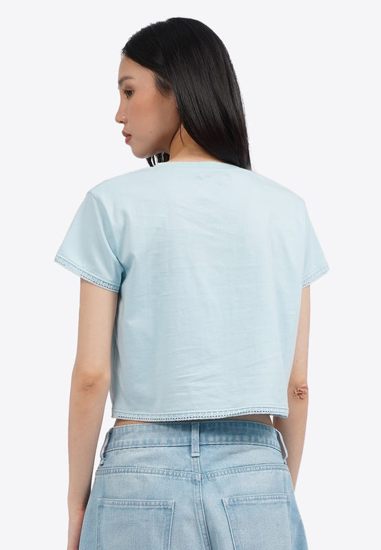 Lace Trim Short Sleeve Graphic T-Shirt