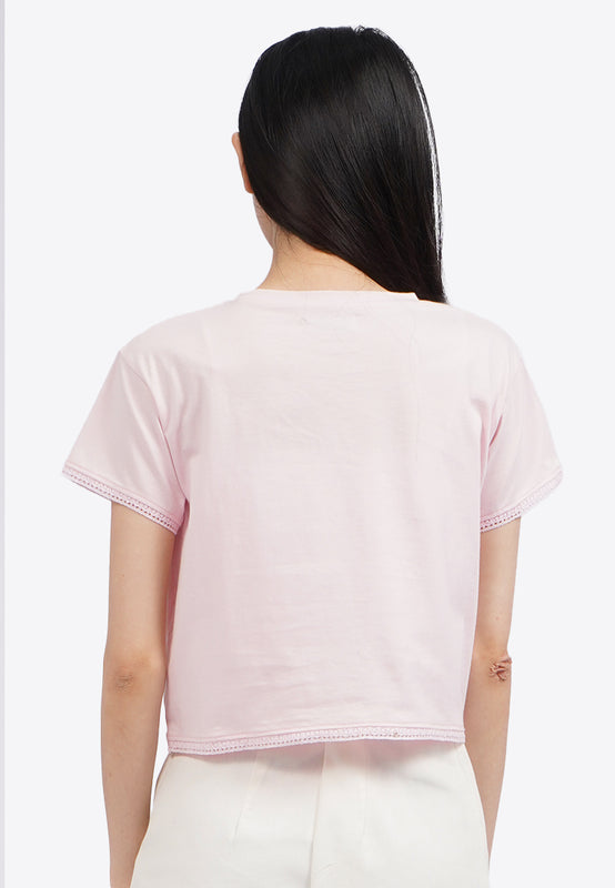 Lace Trim Short Sleeve Graphic T-Shirt