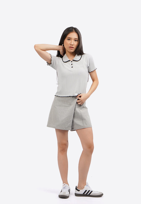 Lettuce Hem Collared Knit Top