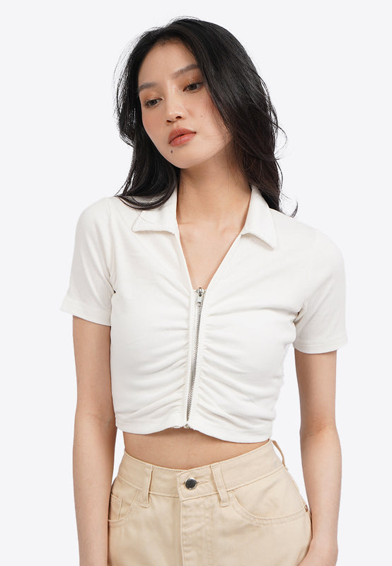 Ruched Front Polo Crop Top