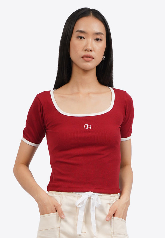 Contrast Rib Square Neck Logo T-Shirt