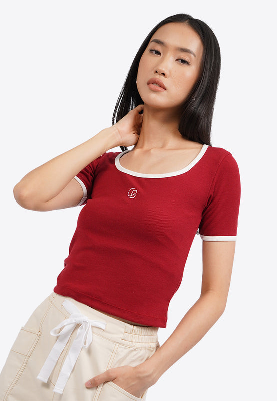 Contrast Rib Square Neck Logo T-Shirt