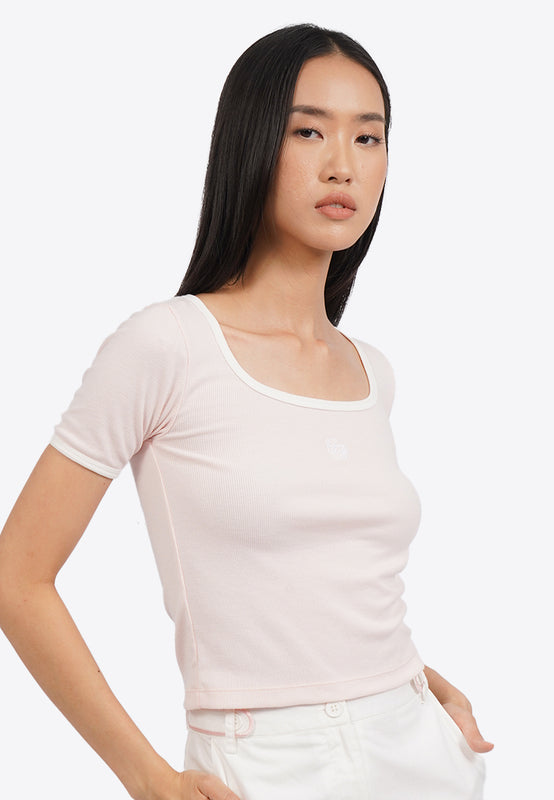 Contrast Rib Square Neck Logo T-Shirt