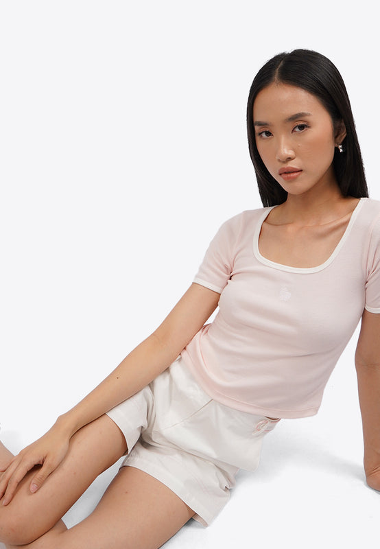Contrast Rib Square Neck Logo T-Shirt