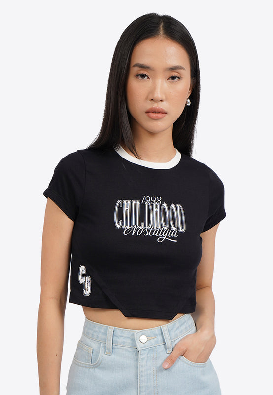 Contrast Neck Short Sleeve Crop T-Shirt