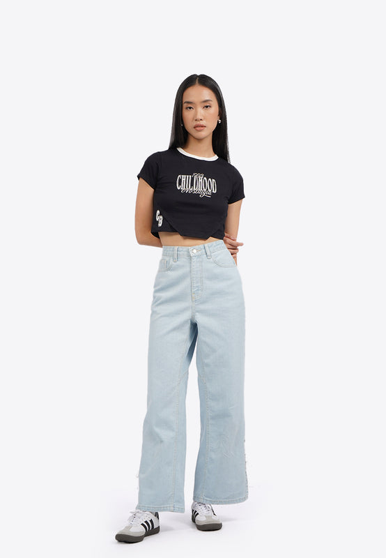 Contrast Neck Short Sleeve Crop T-Shirt
