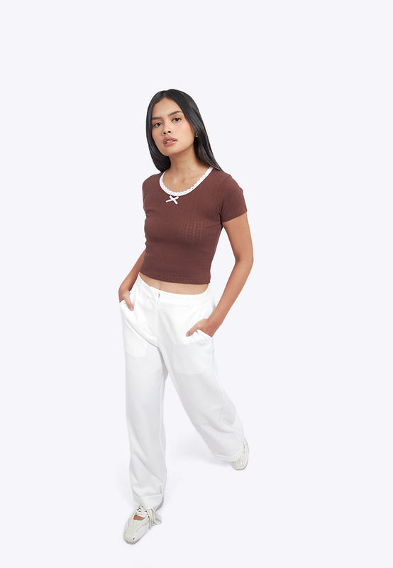 Lace Trim Pointelle Fitted Top