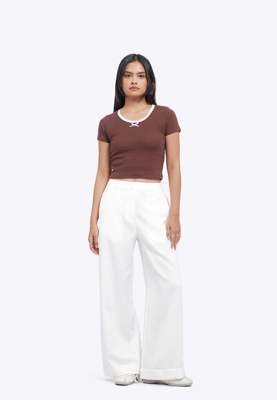 Lace Trim Pointelle Fitted Top
