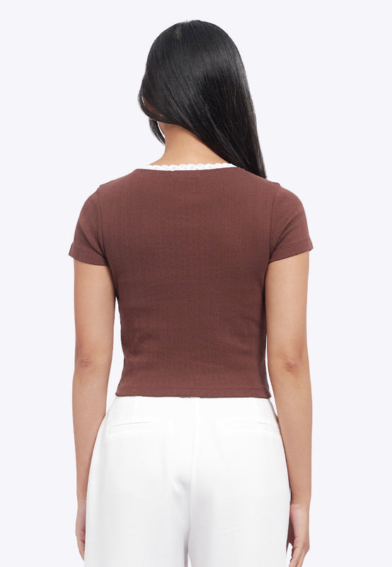 Lace Trim Pointelle Fitted Top