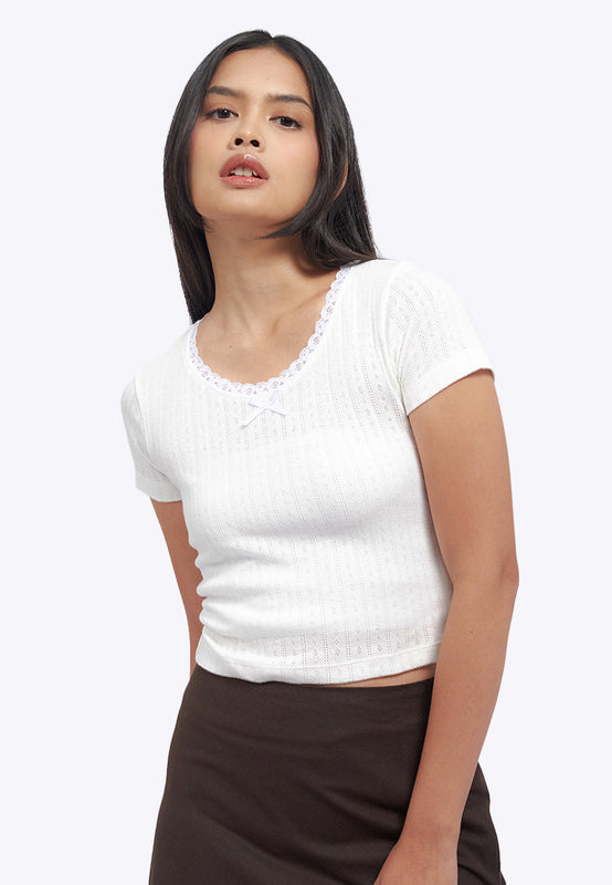 Lace Trim Pointelle Fitted Tee