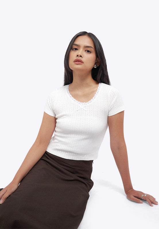Lace Trim Pointelle Fitted Tee