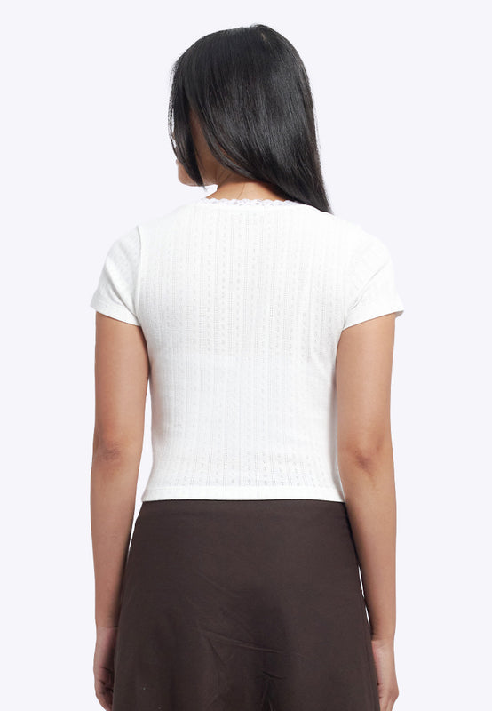 Lace Trim Pointelle Fitted Tee