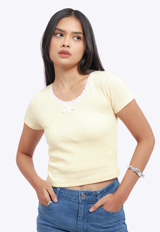 Lace Trim Pointelle Fitted Tee