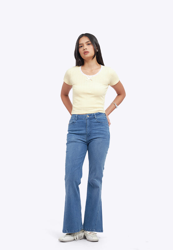 Lace Trim Pointelle Fitted Tee