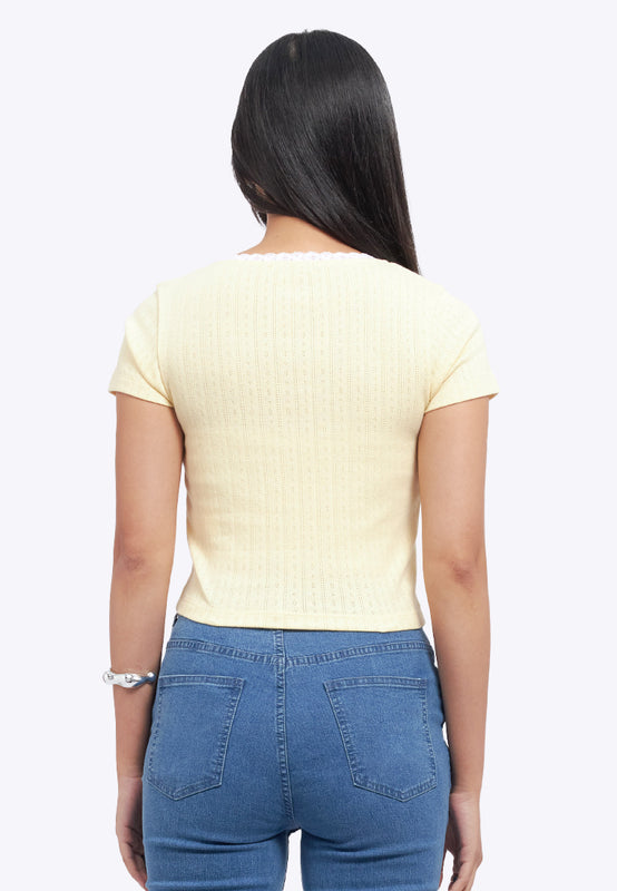 Lace Trim Pointelle Fitted Tee