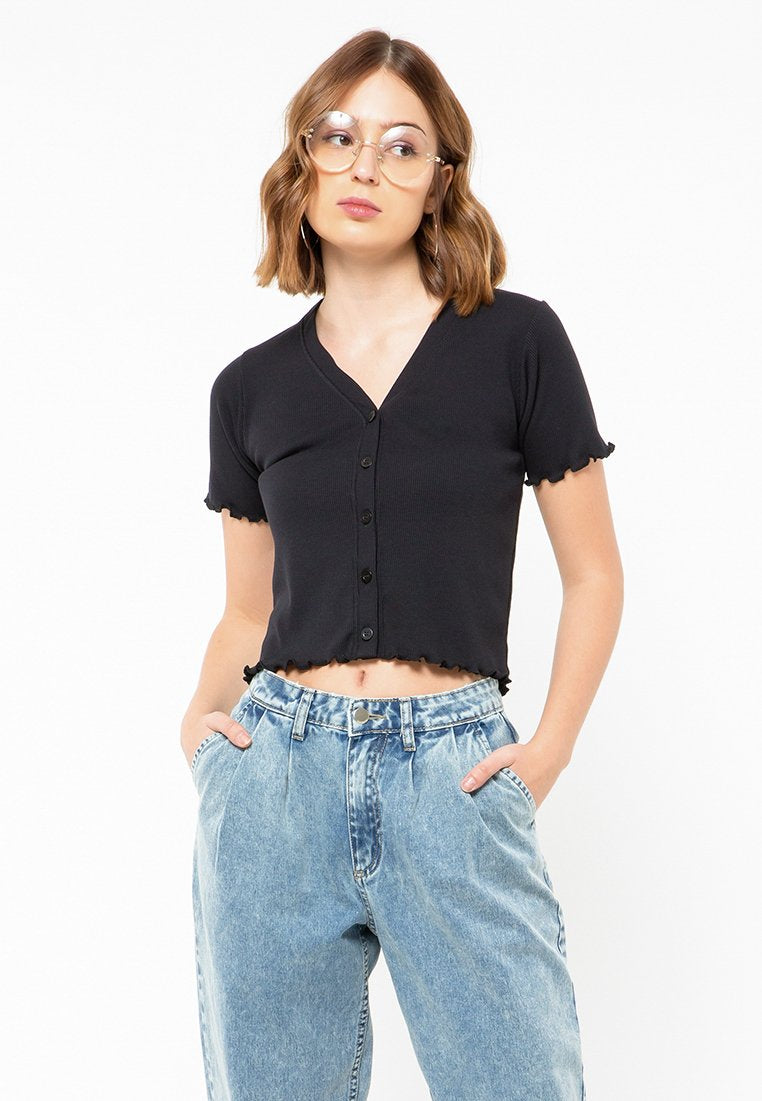 Button Up V-Neck Top Shirt