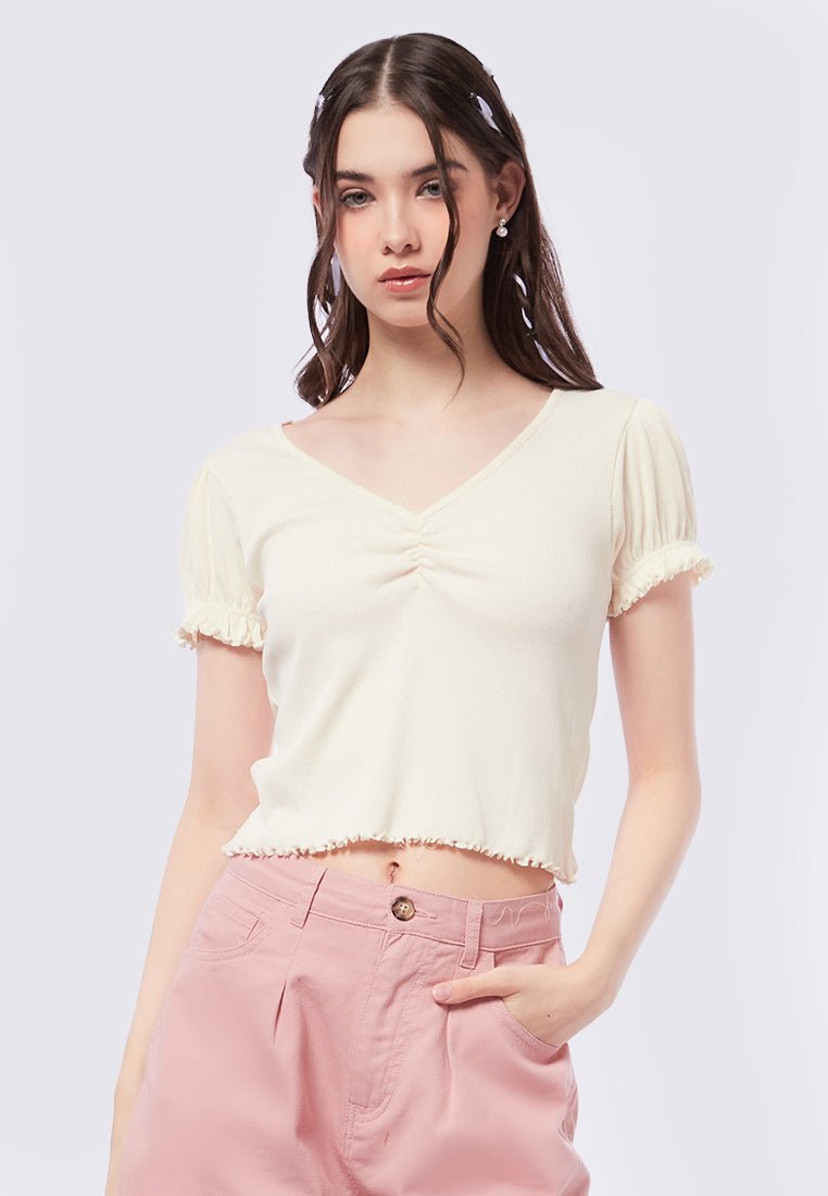 Puff Sleeve V-Neck Rib Top