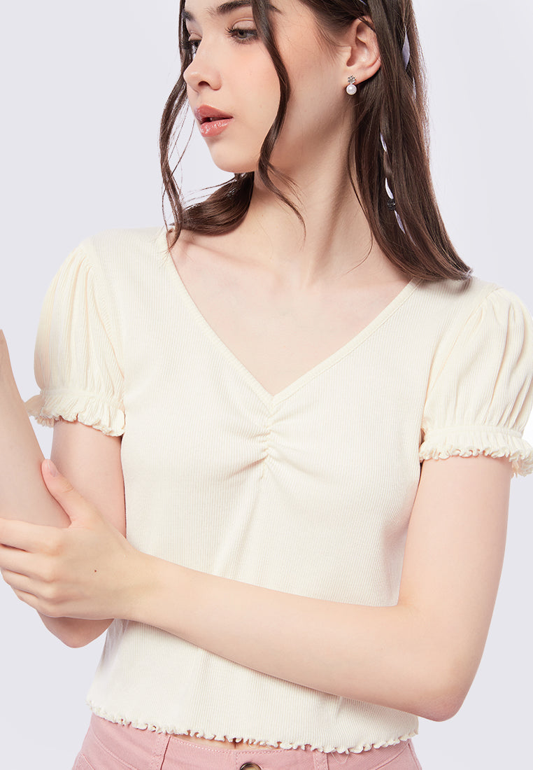 Puff Sleeve V-Neck Rib Top