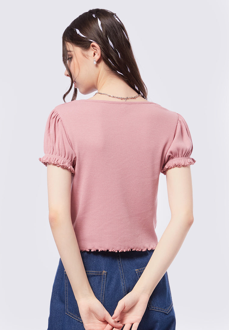 Puff Sleeve V-Neck Rib Top
