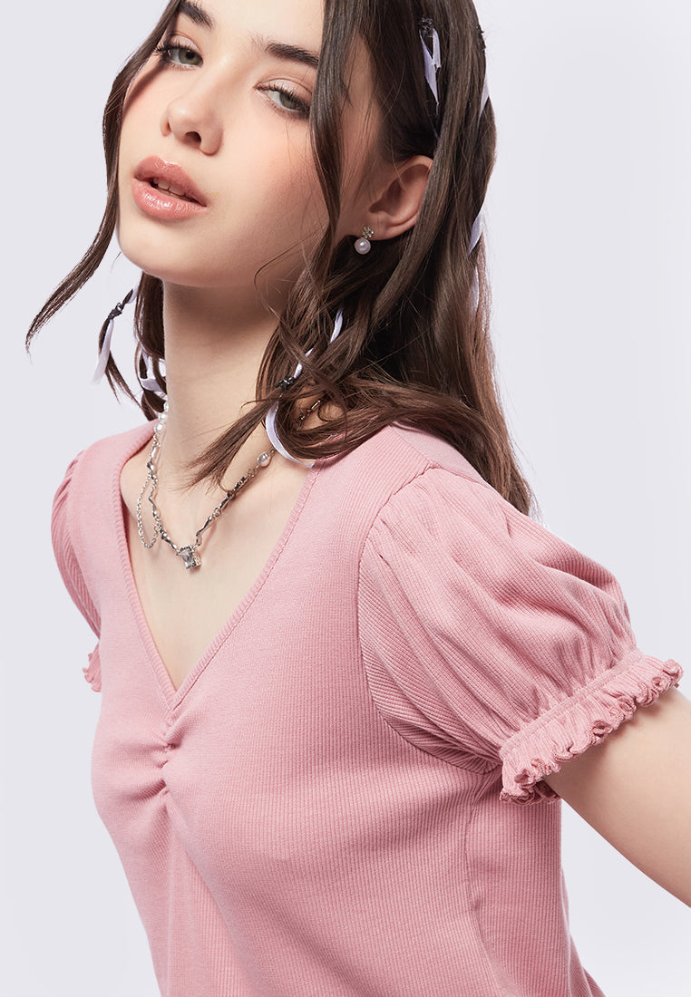 Puff Sleeve V-Neck Rib Top