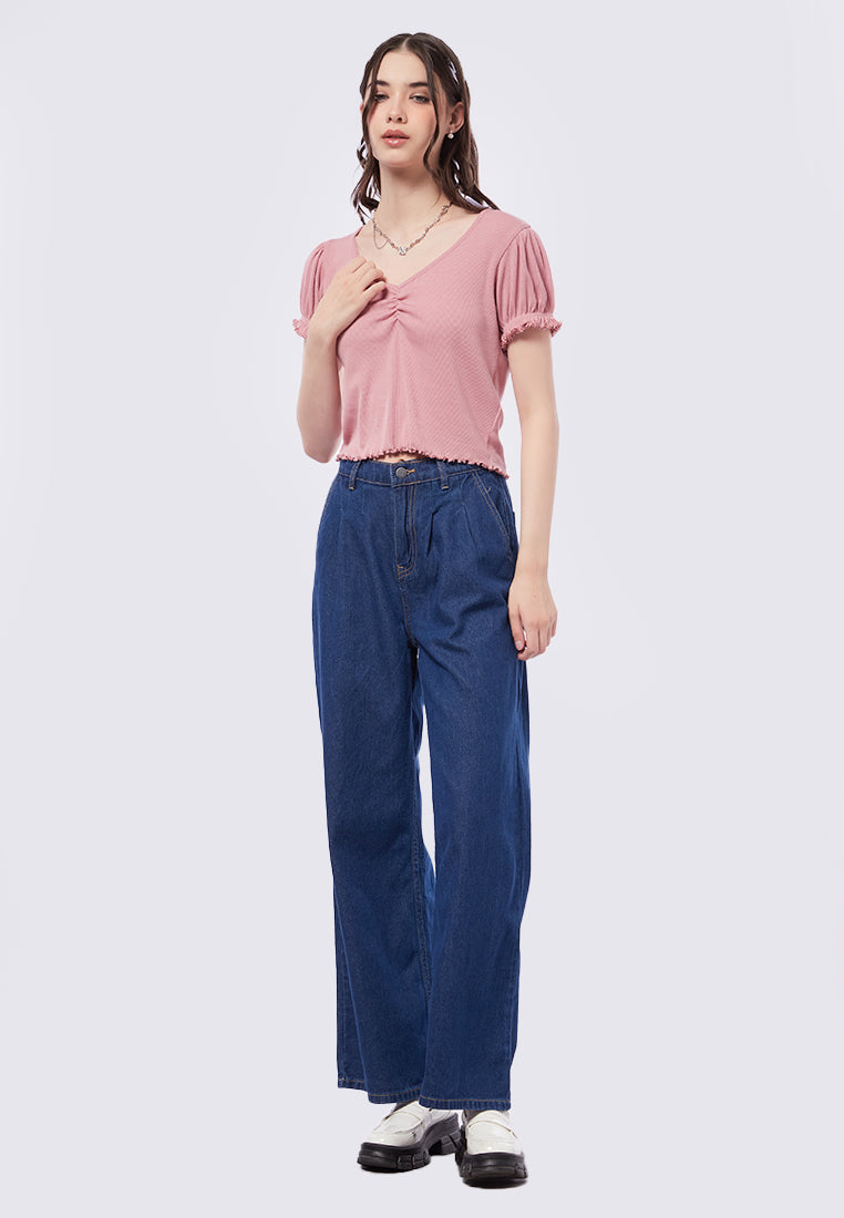 Puff Sleeve V-Neck Rib Top