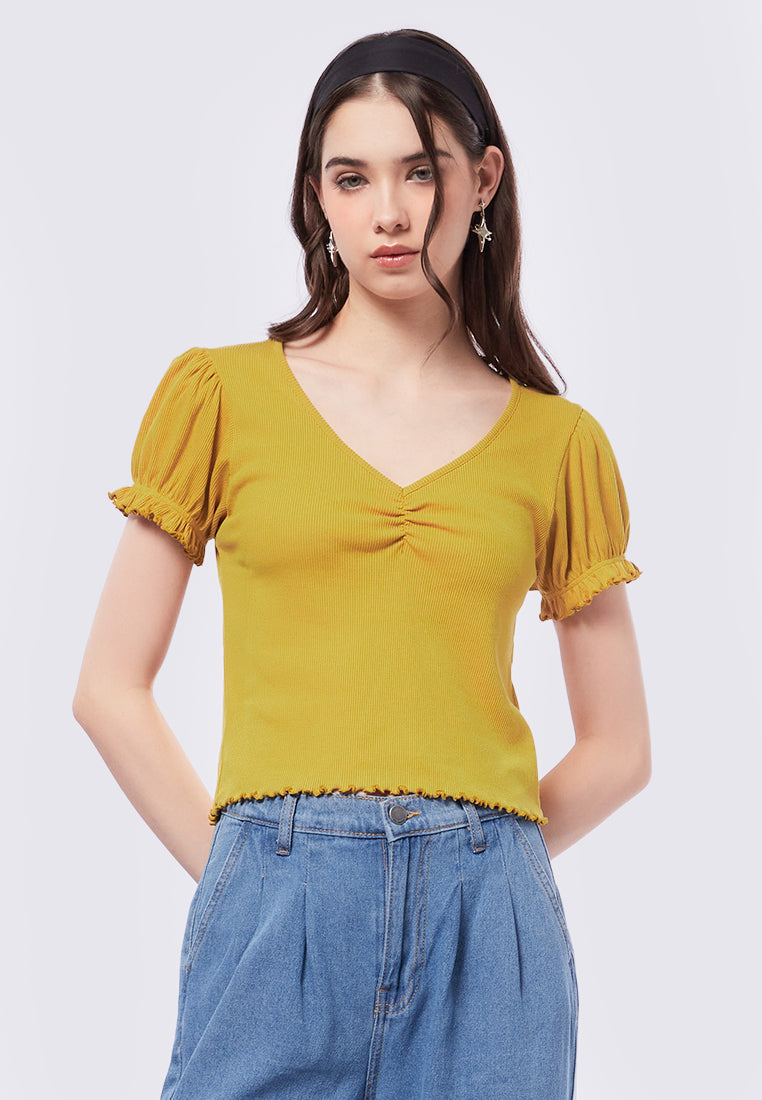 Puff Sleeve V-Neck Rib Top